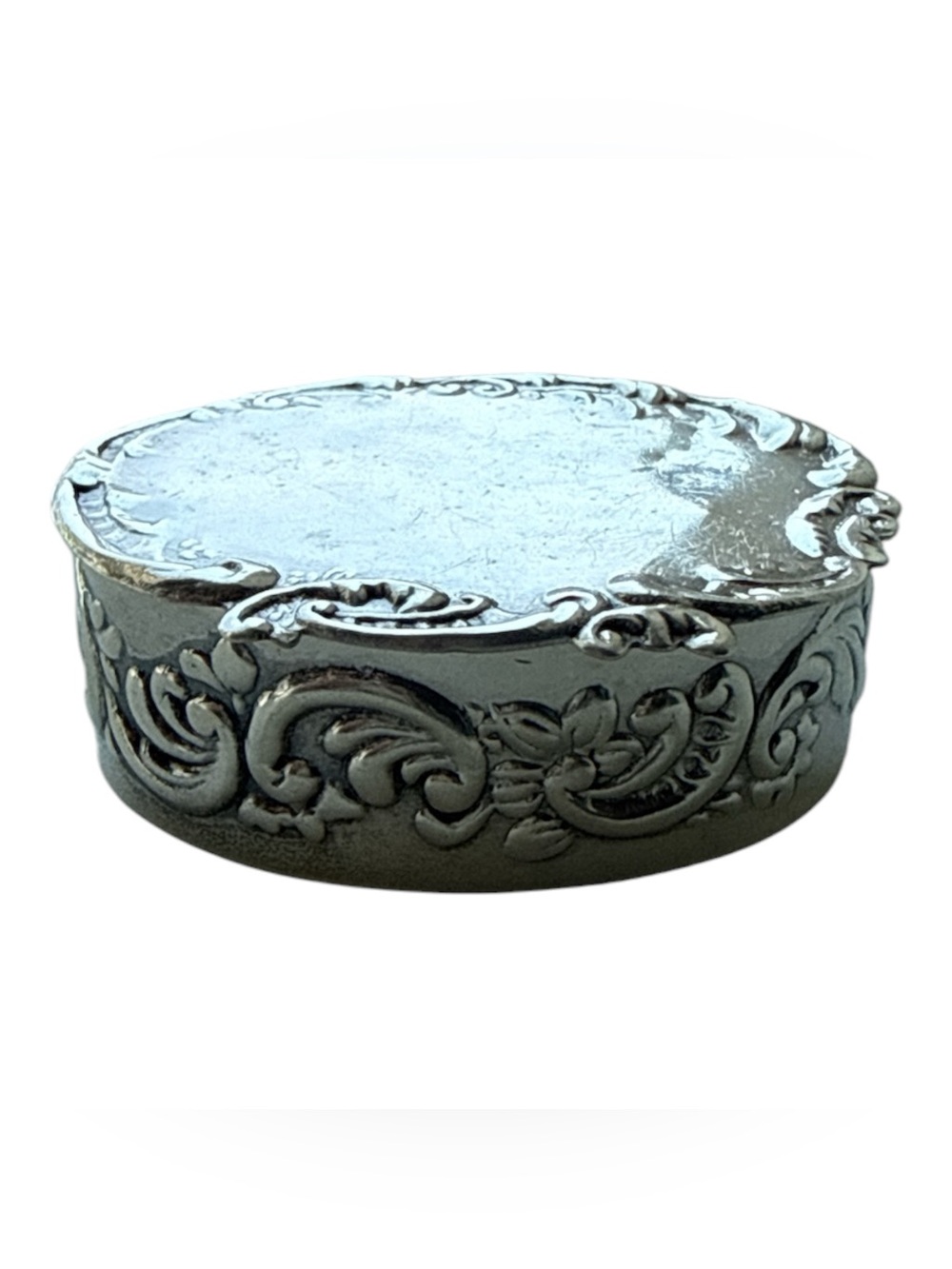 Pill Box English Hallmarked Birmingham Sterling Silver Embossed 1963 Antique